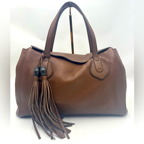 Auth Gucci Large Brown Pebbled Leather Lady Tassel Top Handle Tote Bag Preloved - Picture 1 of 15